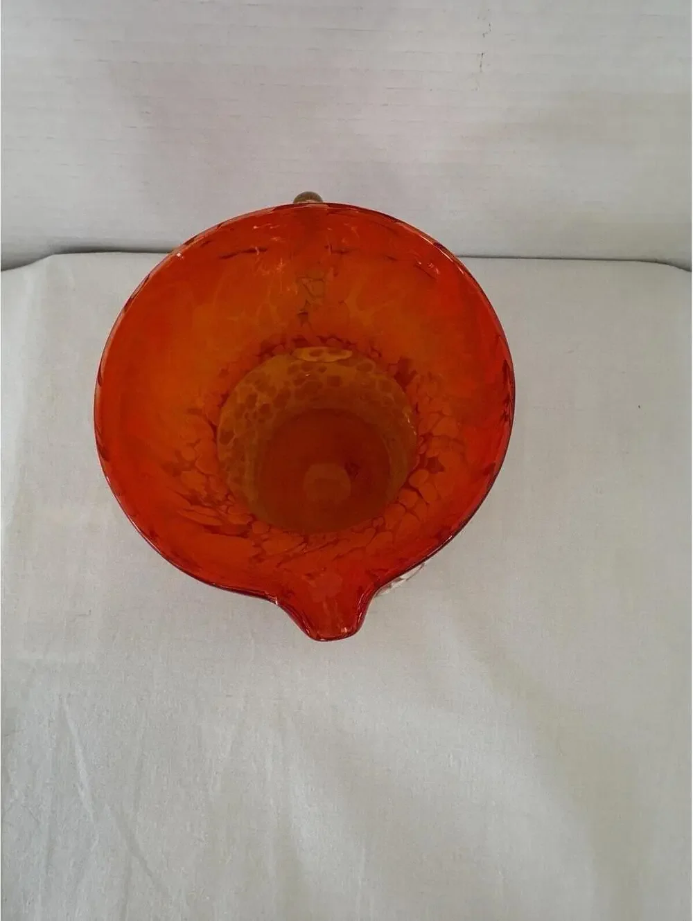 Vintage Hand Blown Rainbow Art Glass Pitcher Small Orange White & Yelllow